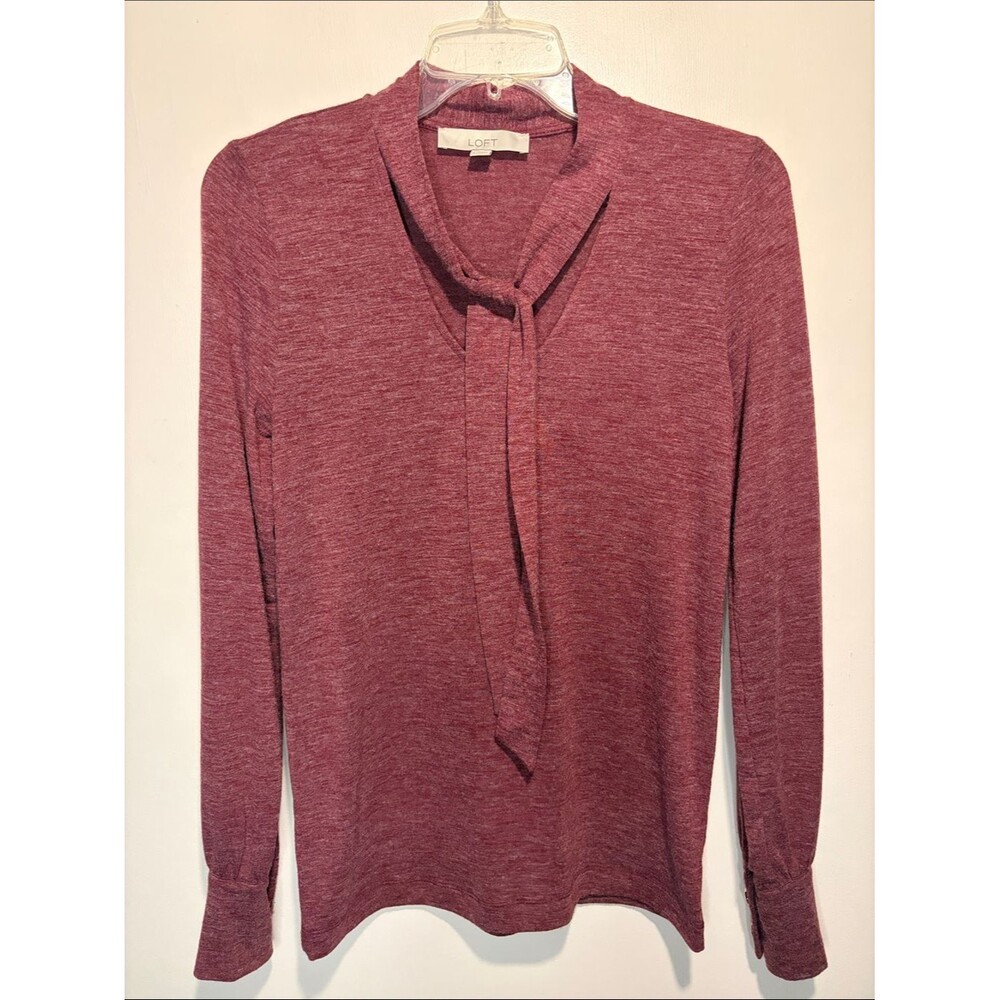 LOFT Long Sleeve Heathered Red Maroon Tie Neck Button Cuffs Blouse Size S